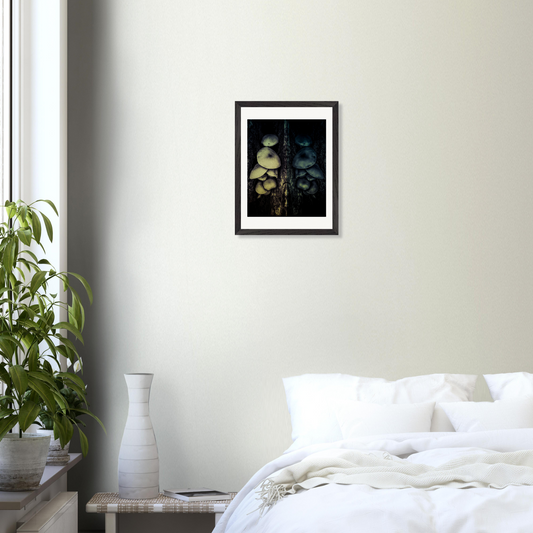 Gerahmter Fine-Art-Fotografie mit surrealer Pilzkomposition als atmosphärische Wanddekoration im minimalistischen Schlafzimmer-Interieur.