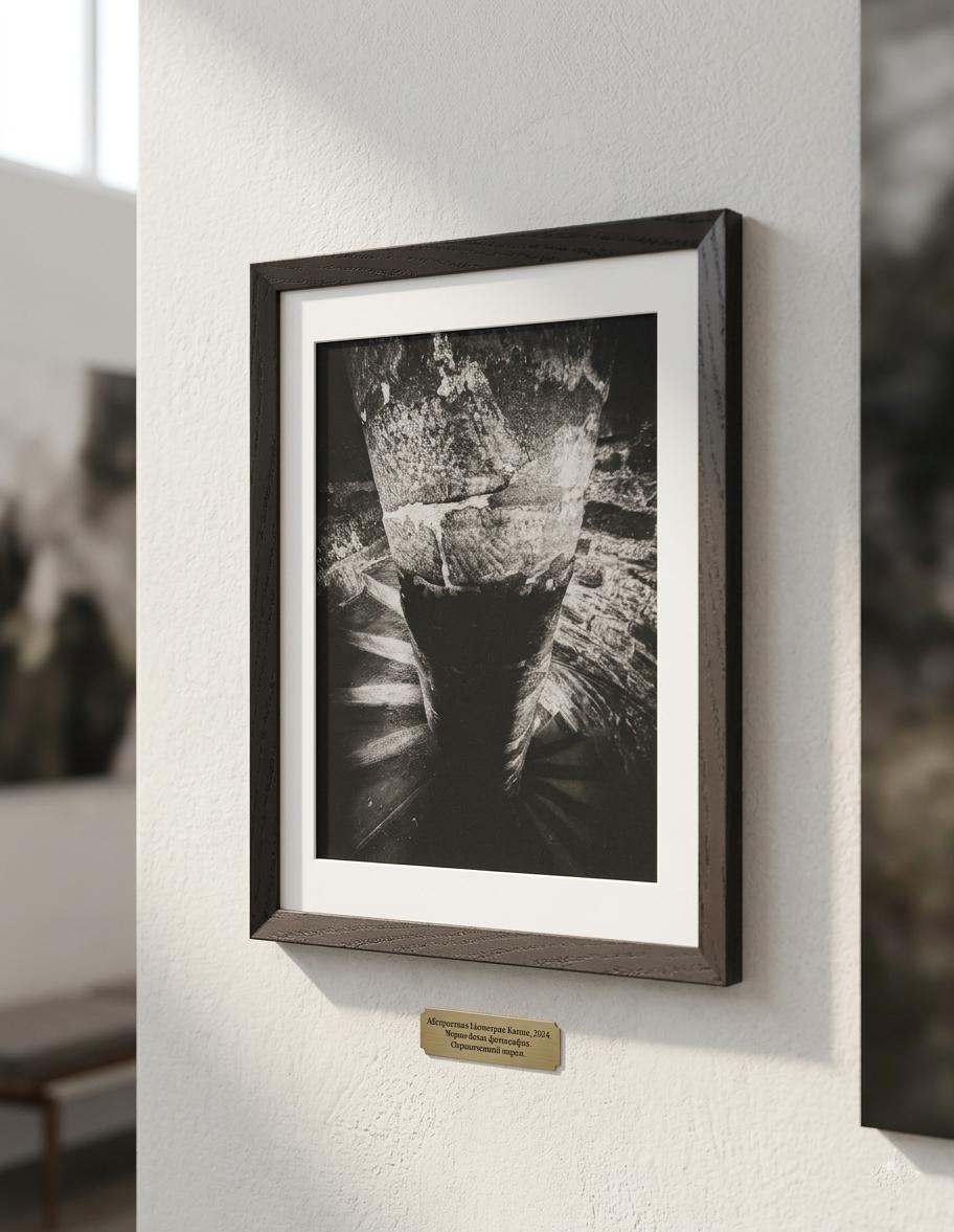 Gerahmte Schwarz-Weiß-Fotografie „Ohne Ende“ von Stanislav Shnaider in einer modernen Galeriepräsentation auf einer hellen Ausstellungswand.