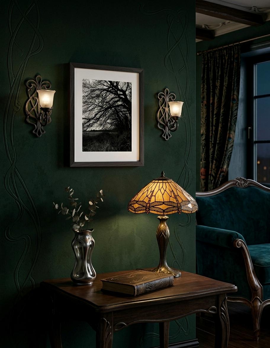 Gerahmte Schwarz-Weiß-Fotografie eines Baumes in einem stimmungsvollen dunklen Wohninterieur mit grüner Wand und warmem Licht.