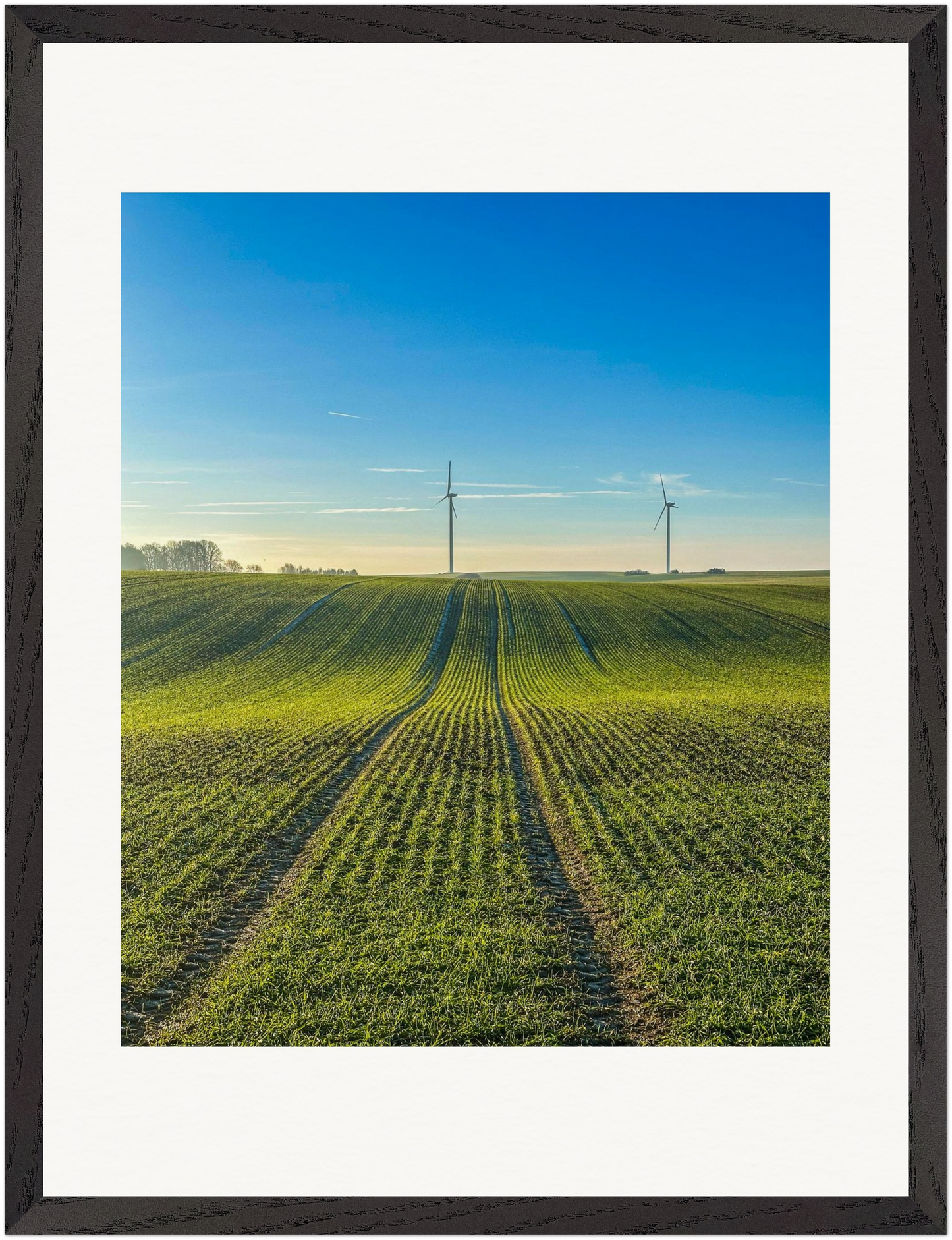 Fotografie einer weiten Agrarlandschaft mit zwei Windkraftanlagen am Horizont. Die Feldlinien führen den Blick zu den Türmen moderner Energiegewinnung. Fine-Art-Fotografie von Stanislav Shnaider.