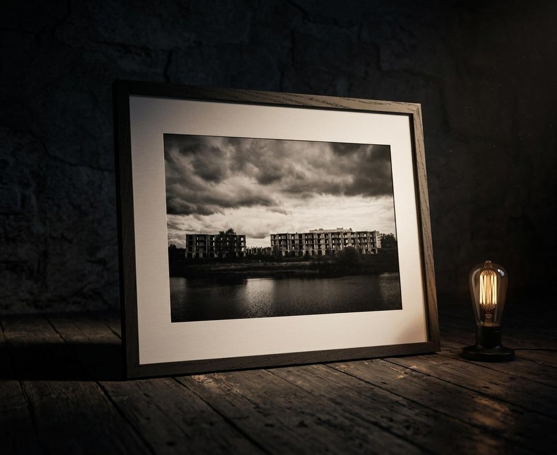 Gerahmte Schwarz-Weiß-Fotografie eines verlassenen Wohnprojekts in einer atmosphärischen Inszenierung mit warmem Licht und dunklem Hintergrund.