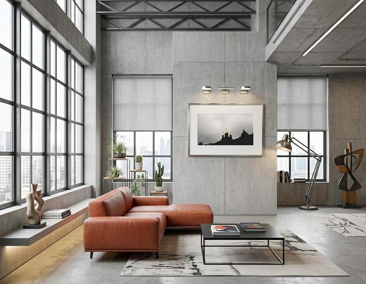 Gerahmte Schwarz-Weiß-Fotografie vergoldeter Kuppeln einer orthodoxen Kirche in einem modernen Wohninterieur im Industrial-Stil mit Betonwänden, großen Fenstern und Designmöbeln.
