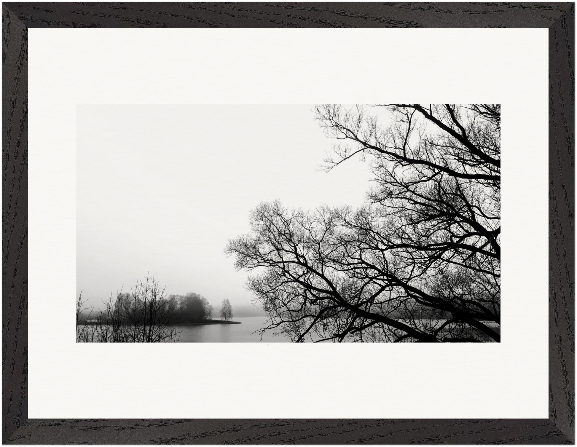 Gerahmtes Fine-Art-Kunstwerk mit grafischen Baumstrukturen und ruhiger Atmosphäre.