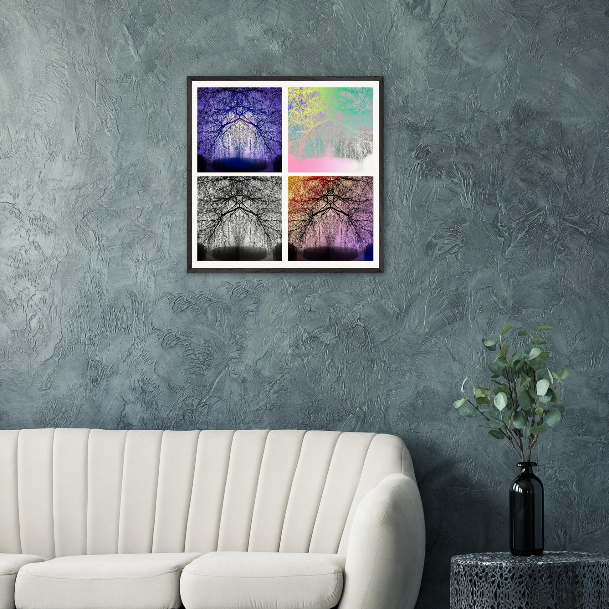 Gerahmtes Fine-Art-Kunstwerk mit kontrastreicher surrealer Farbkomposition in modernen violett-, rosa-, orange- und monochromen Tönen als stilvolle Wandkunst im zeitgenössischen Wohnraum. Shnaiderart