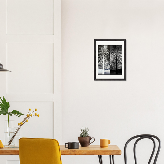 Gerahmte Fine-Art-Fotografie mit invertierter Baumstruktur in kontrastreichen schwarz-weißen Tönen als moderne Wandkunst in heller Wohnszene.