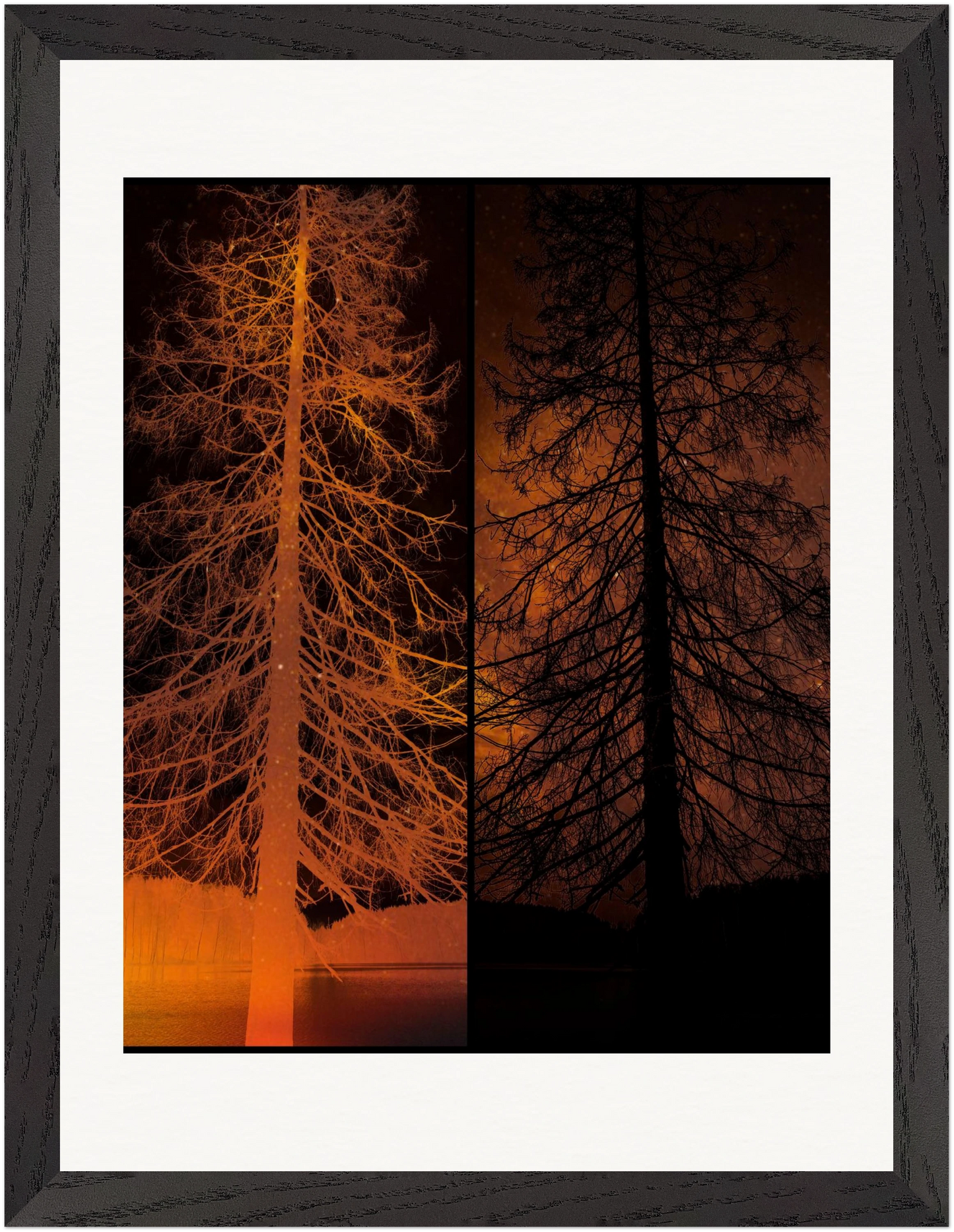 Gerahmte Fine-Art-Fotografie mit invertierter Baumstruktur in warmen orange-schwarzen Tönen.
