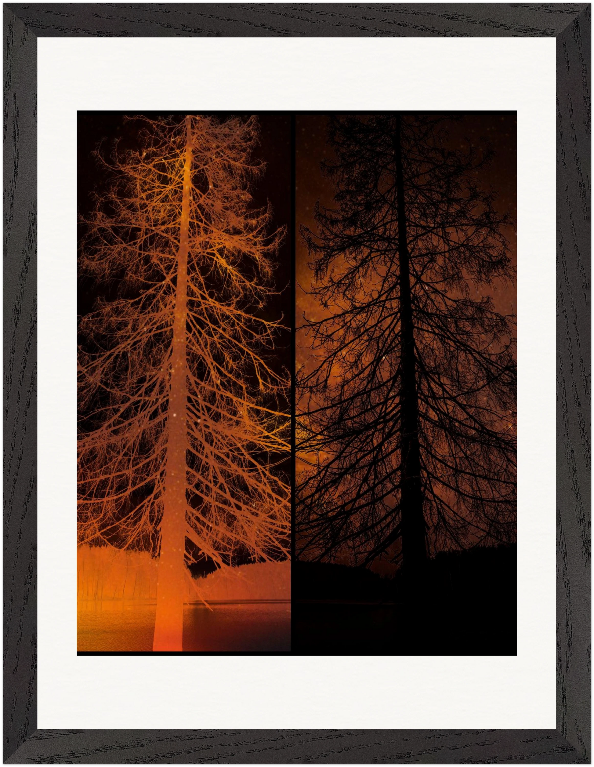 Gerahmte Fine-Art-Fotografie mit invertierter Baumstruktur in warmen orange-schwarzen Tönen.