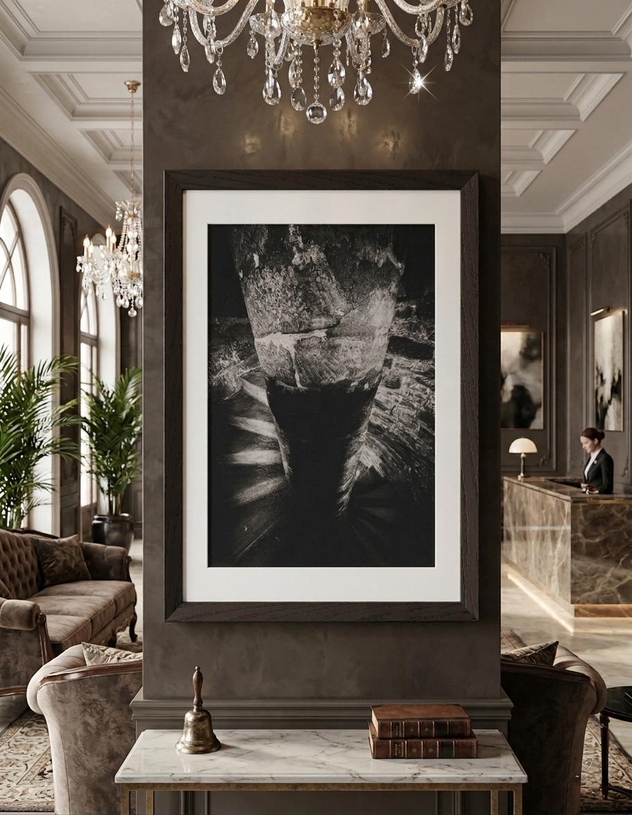 Gerahmte Schwarz-Weiß-Fotografie „Ohne Ende“ von Stanislav Shnaider in der Lobby eines eleganten Hotels mit klassischem Interieur und Kronleuchtern.