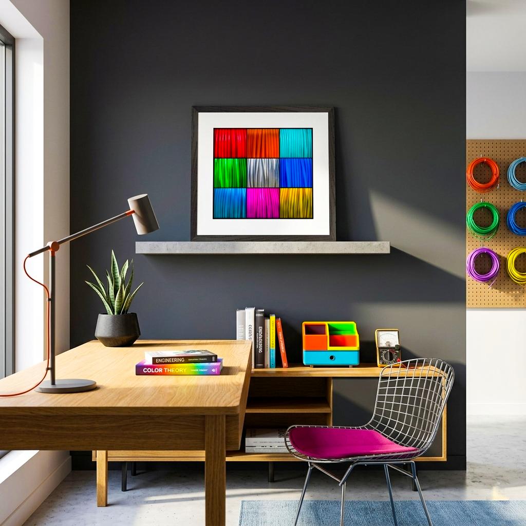 Gerahmtes Kunstwerk „Signale“ von Stanislav Shnaider als farbiger Blickfang in einem modernen Arbeitszimmer mit kreativem Ambiente.
