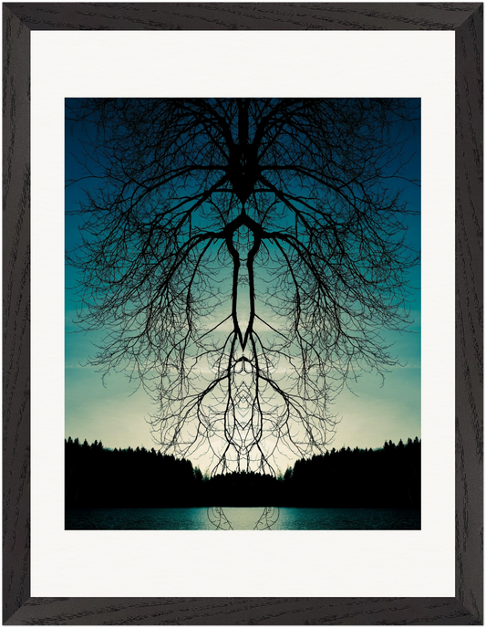 Gerahmter Fine-Art-Fotografie mit surrealer Waldreflexion in blau-grünen Farbtönen | Shnaiderart