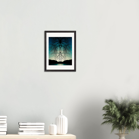 Gerahmter Fine-Art-Fotografie mit surrealer Waldreflexion als moderne Wanddekoration im minimalistischen Interieur.