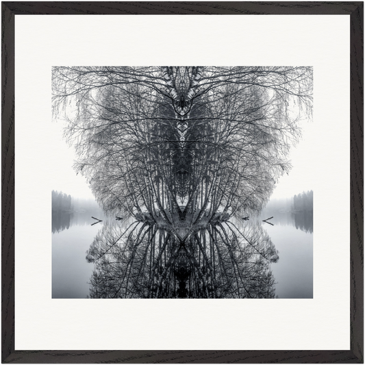 Gerahmte Schwarz-Weiß-Fotografie einer symmetrischen Waldlandschaft mit Spiegelung im Wasser.