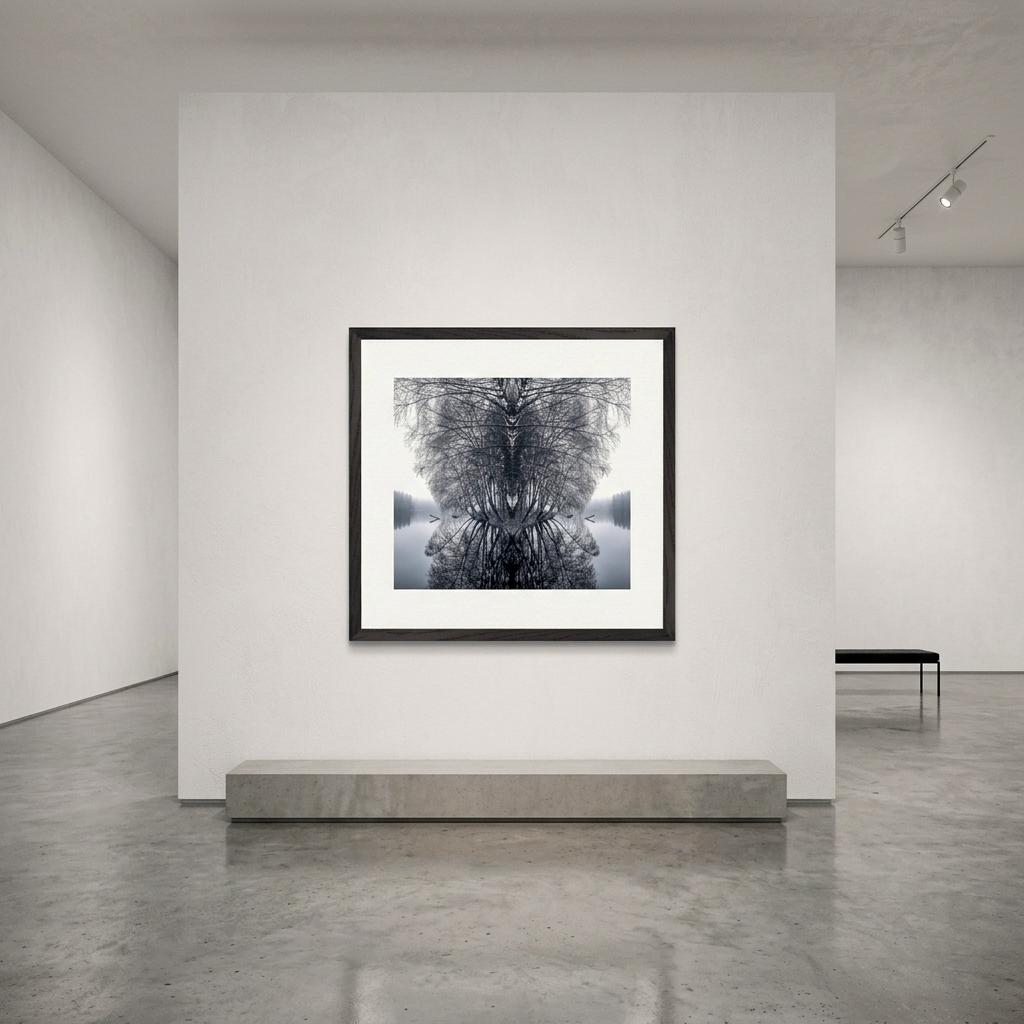 Gerahmte Fine-Art-Fotografie einer symmetrischen Waldlandschaft in modernem Galerie-Interieur.