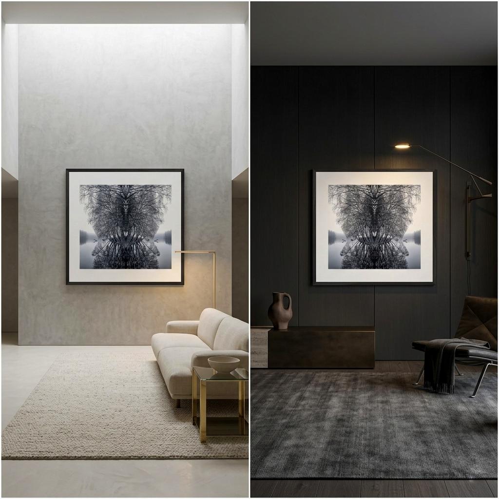 Gerahmter Fine-Art-Fotografie einer symmetrischen Waldlandschaft als Wandkunst in hellem und dunklem Wohninterieur.